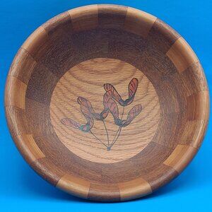 Handcrafted Segmented Wooden Bowl Maple Seed Motif Signed M Carver 8 1/4" Diam
